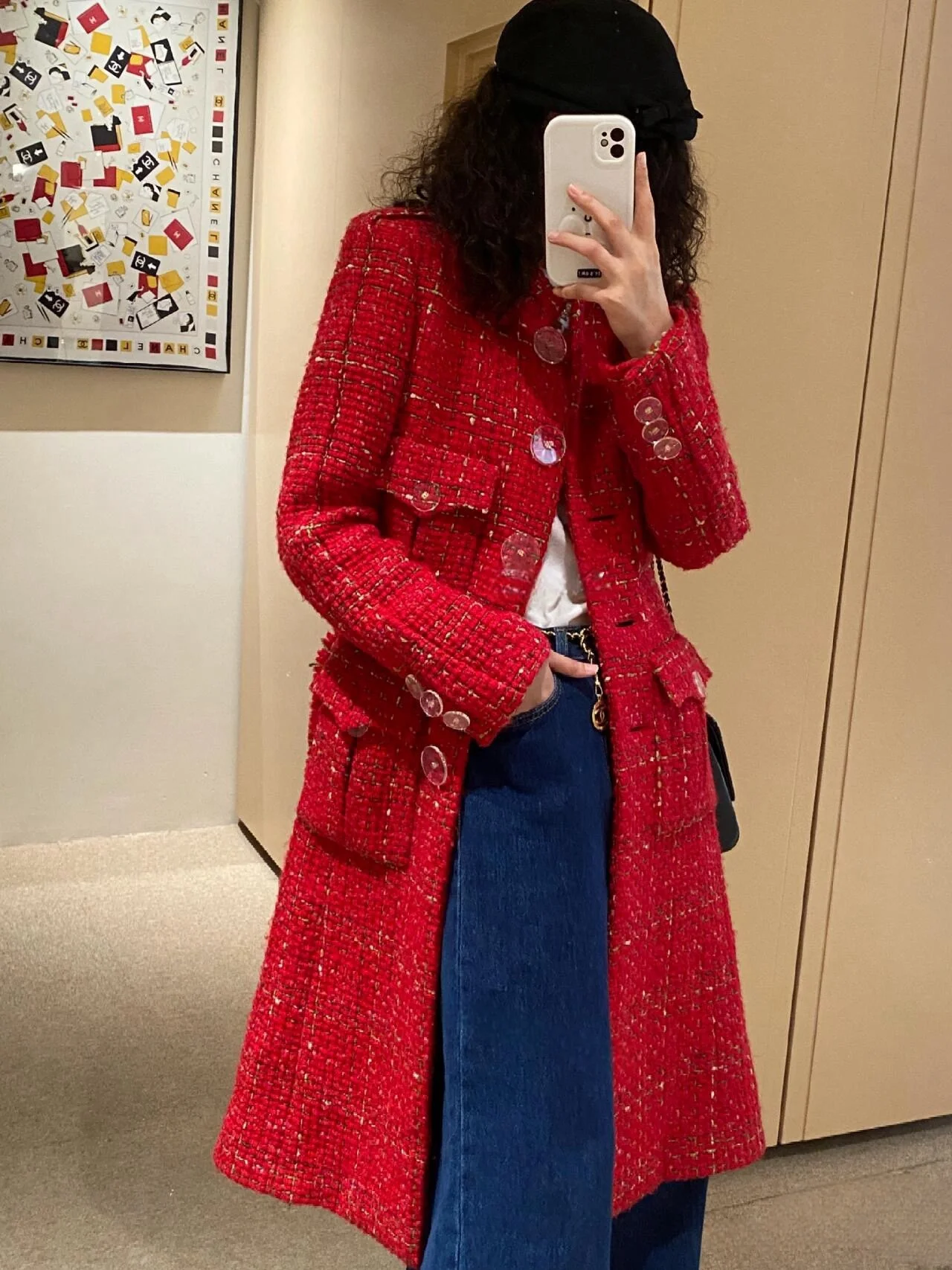 

Женское шерстяное пальто средней длины, грубый твид, воротник-стойка, пояс, пояс, 2024.