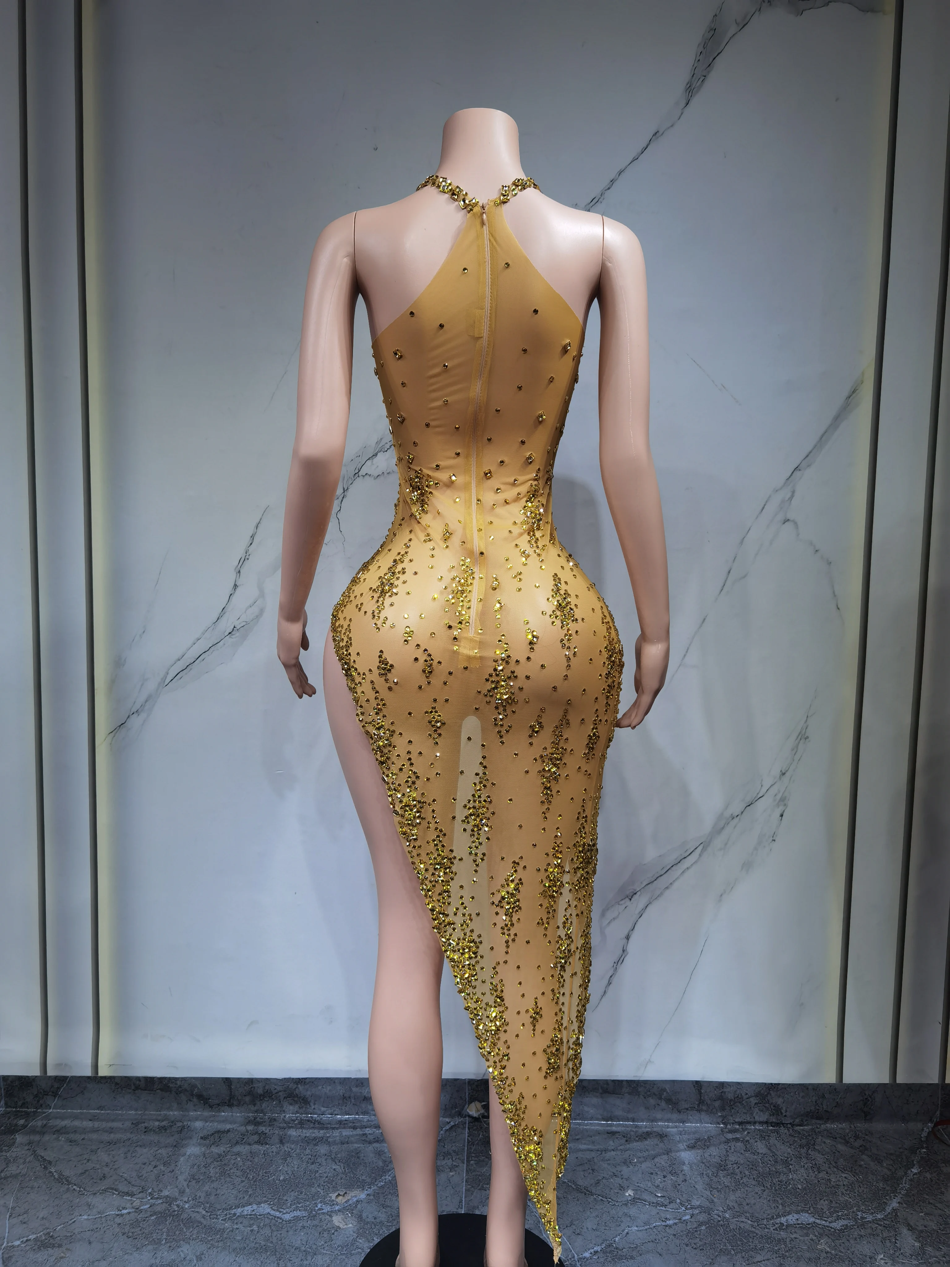 Brilhante cristal diamante ouro sexy transparente bainha vestido boate desempenho custome palco wear aniversário noite parte