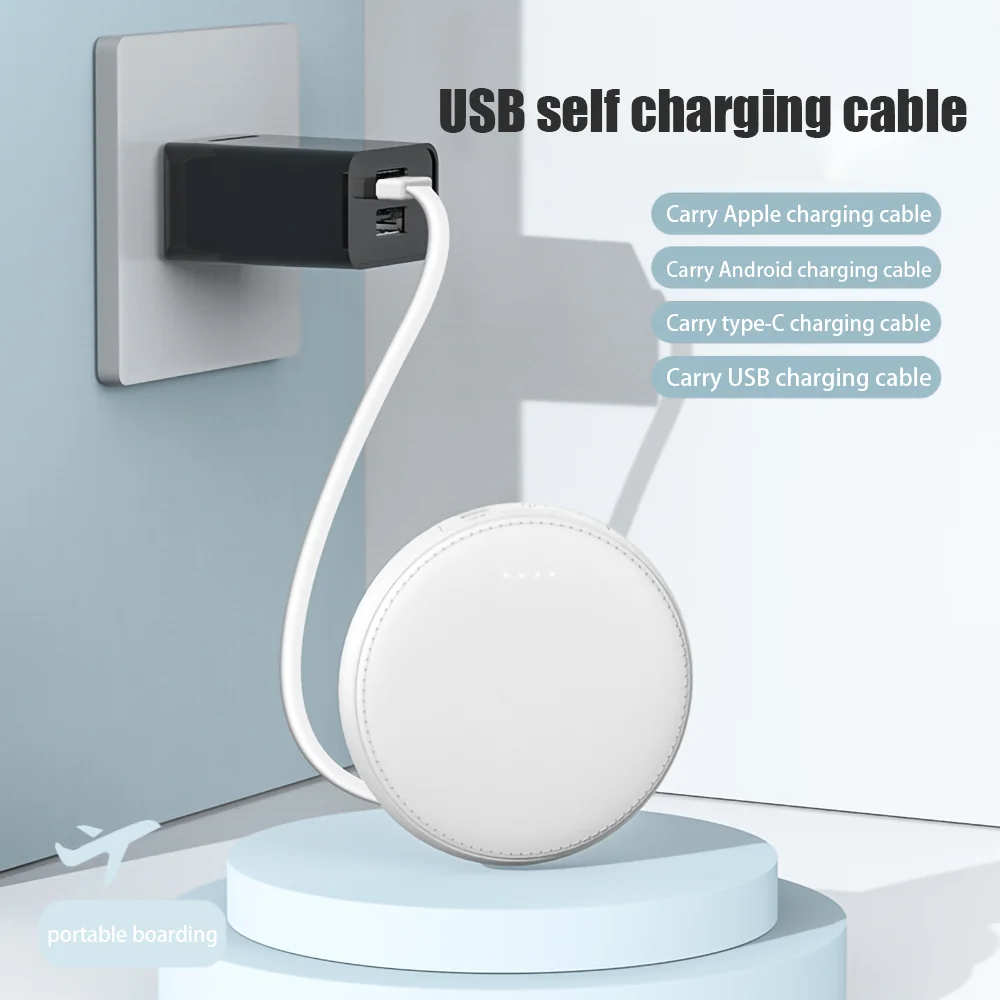 New mini leather pattern round self-sufficient cable 10000mah large capacity fast charging portable mobile power battery