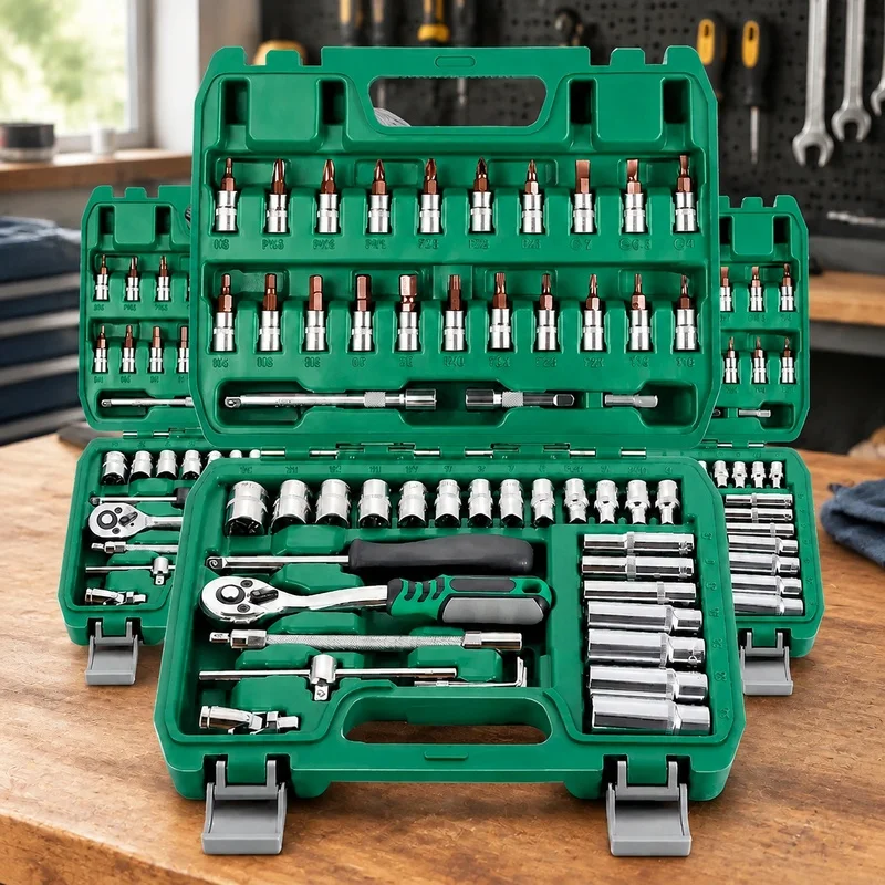 Complete 46-Piece Auto Repair Kit with Green Ratchet Tools for Vehicle Maintenance