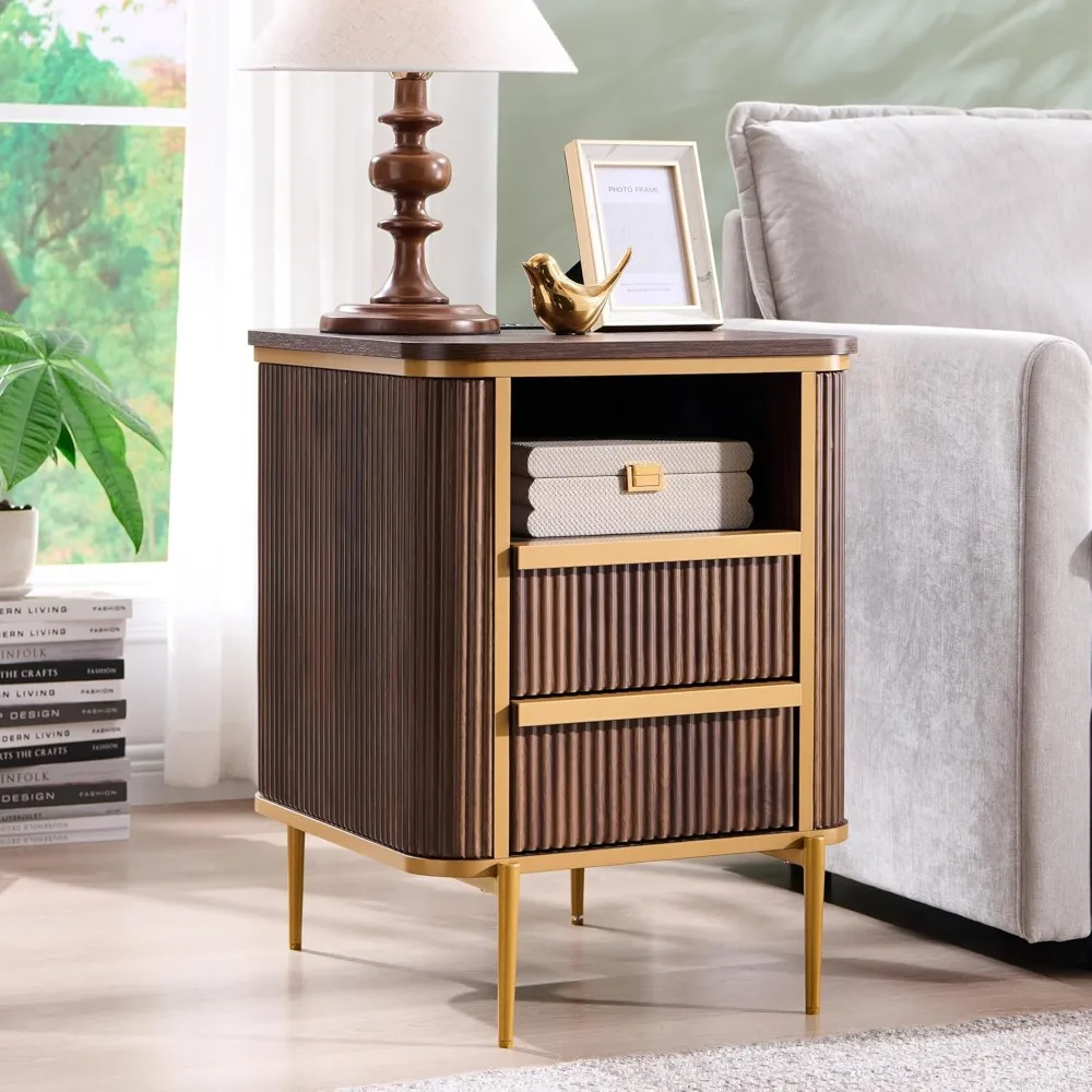 

luxury modern fluted nightstand with charging station, dual drawer end table/bedside table, faux marble top, gold metallic
