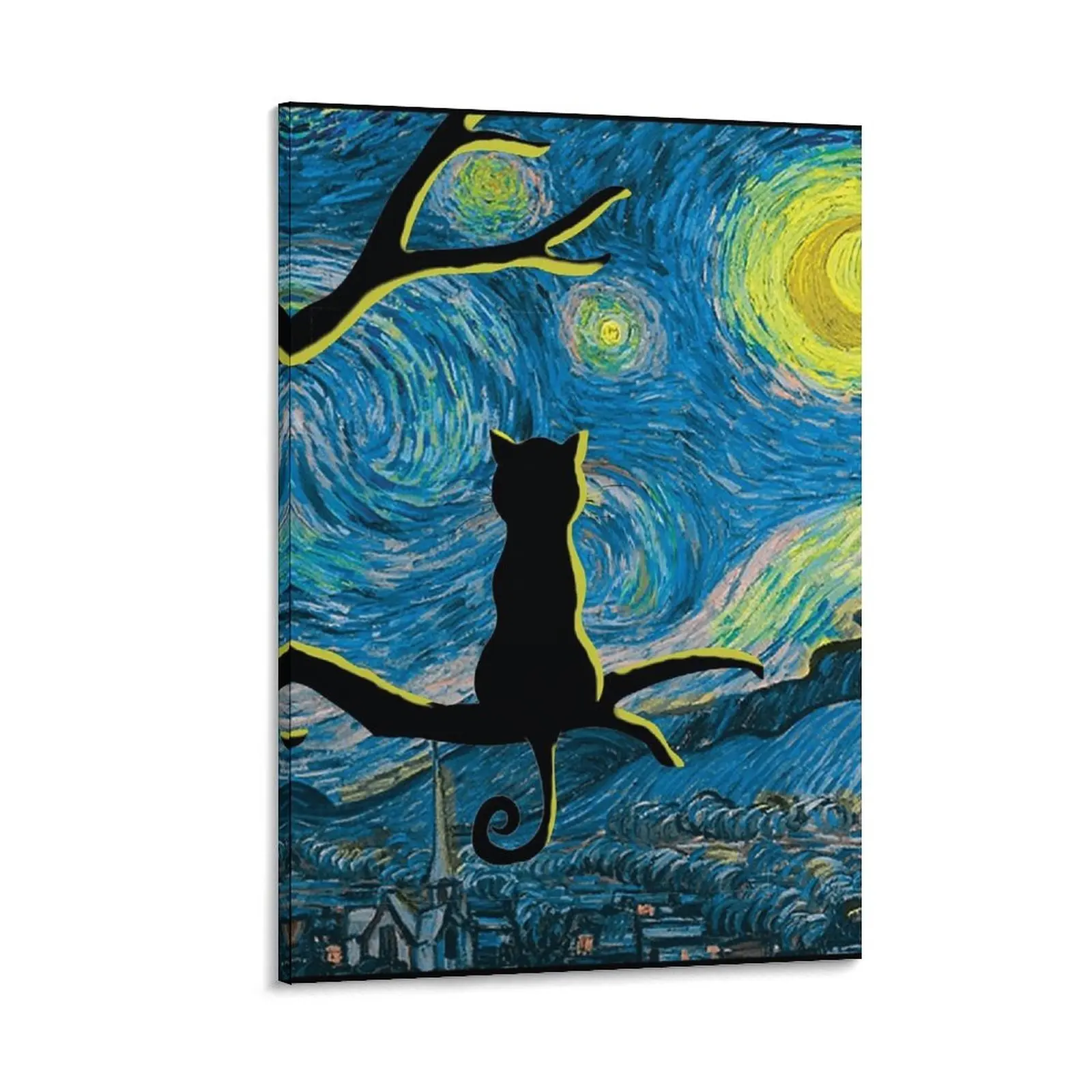 

Starry Cat Night in moon light sitting on tree Canvas Painting Decoration for bedroom poster aesthetic