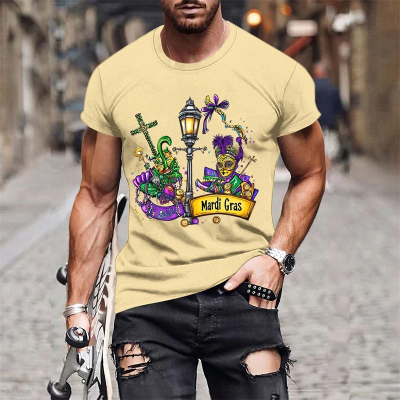 2025 Fashion Mardi Gras Pattern T-shirt For Men Clothing 3D Print Carnival Short Sleeves Loose Casual Streetweat O Neck T Shirts