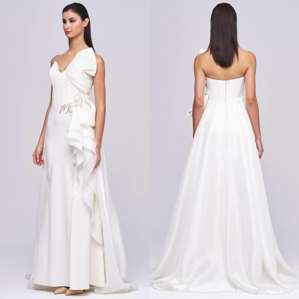 

Customized Intricate Matching Charmeuse Sequined Pleat A-line Strapless Long Dresses Bespoke Occasion Sparkle