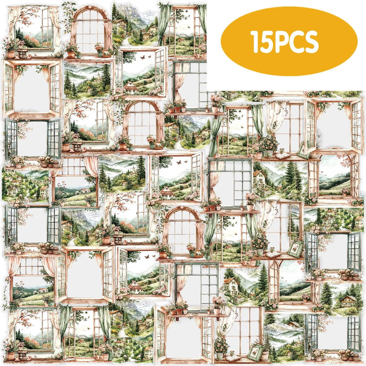 Etori Life Mountain Window Mist 15Pcs Window Scenery Stickers Romantic Atmosphere Journal Decoration for Laptops, Phone Stickers, Suitcases, Scrapbooking Supplies, Student Gift Bags, Card Making, Room Decoration, School Supplies, Back-To-School Season, Children's Stationery Stickers