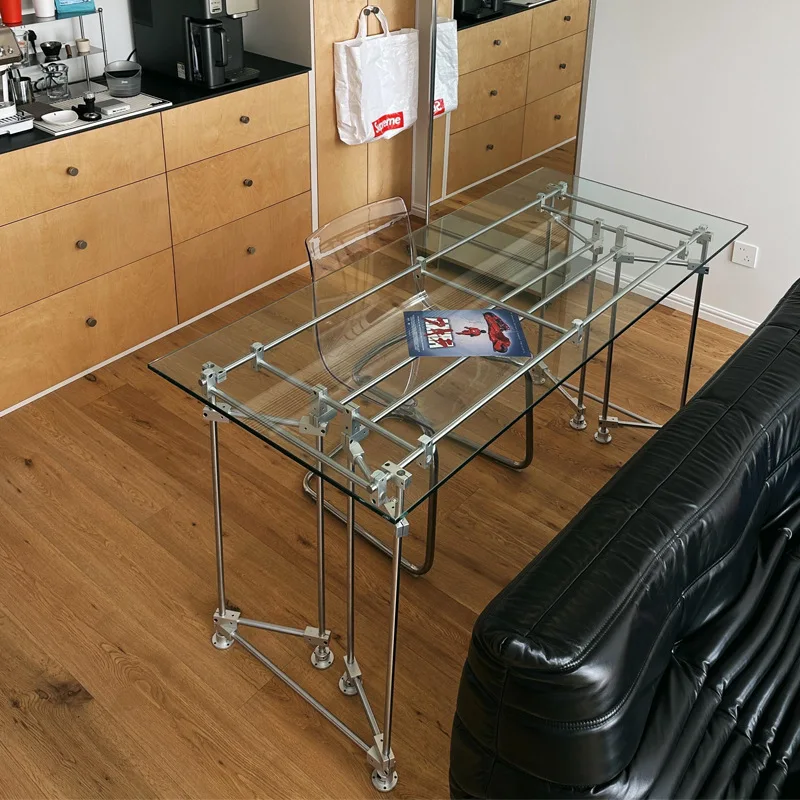 Optical axis glass table household small apartment stainless steel rectangular tea table, casual coffee table desk