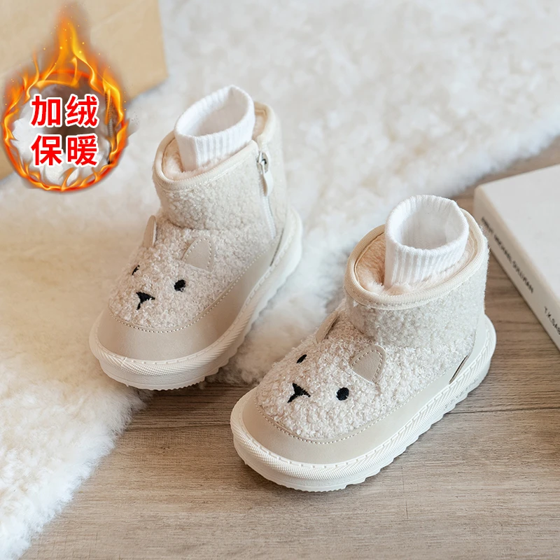 2024 New Winter Baby Snow Boots Leather Cute Sheep Pattern Boys Shoes Warm Plush Soft Sole Fashion Toddler Girls Boots 17-30