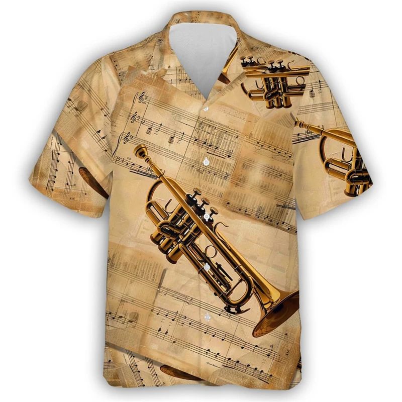 Guitar Trumpet Graphics Hawaiian Shirts For Men 3D Printed Musical Instrument Unisex Short Sleeve Button Blouse Lapel Shirt Tops