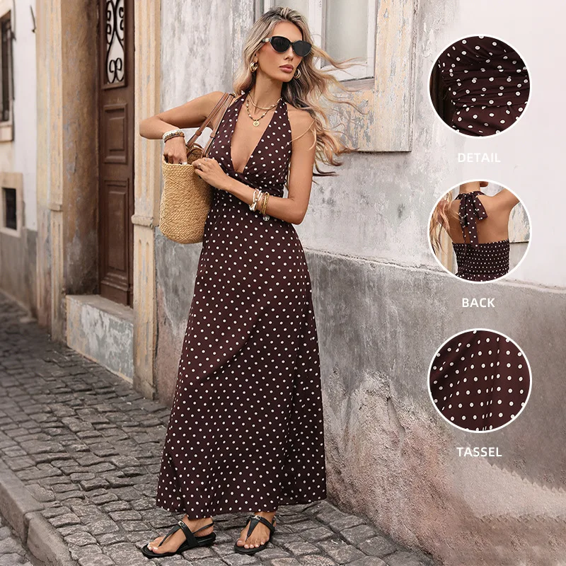 

Women Dresses Polka Dot Dress Neck Mounted Backless Deep V Neck Sleeveless Ankle Length Empire Waist Sexy Casual 2026 Summer