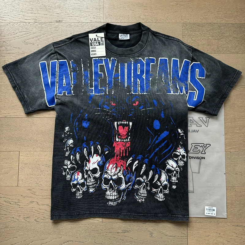 High Quality Vale Valley American Retro Skull Print Washed out Cotton Short Sleeve T-Shirt Youth Fashion Street Style City Walk