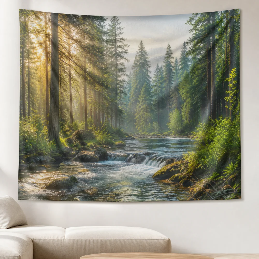 Morning Mist Peaceful Forest 150X100CM Customizable Printed Tapestry Suitable for Living Room Fresh Wind Wall Background Cloth