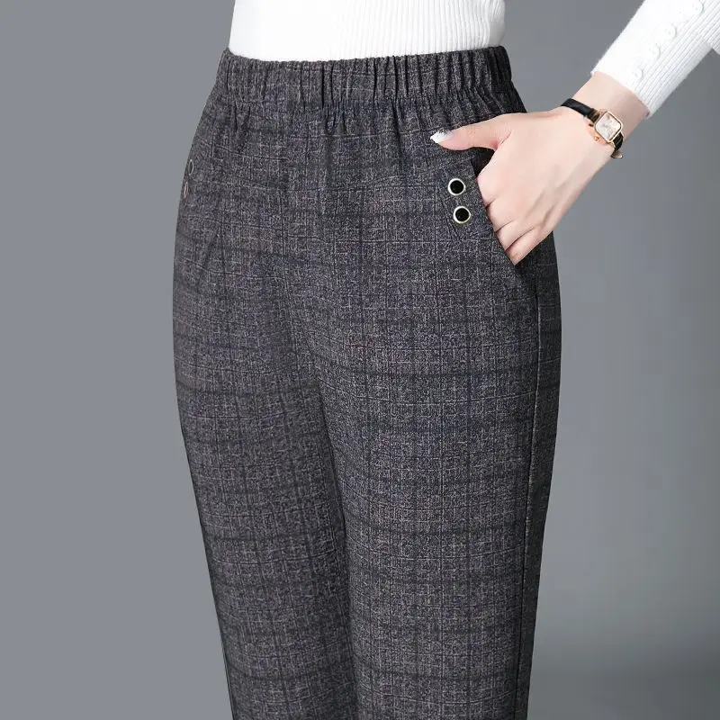 Pantaloni slim vintage da donna coreani moda primavera autunno streetwear nuovi pantaloni casual dritti scozzesi a vita alta elastici