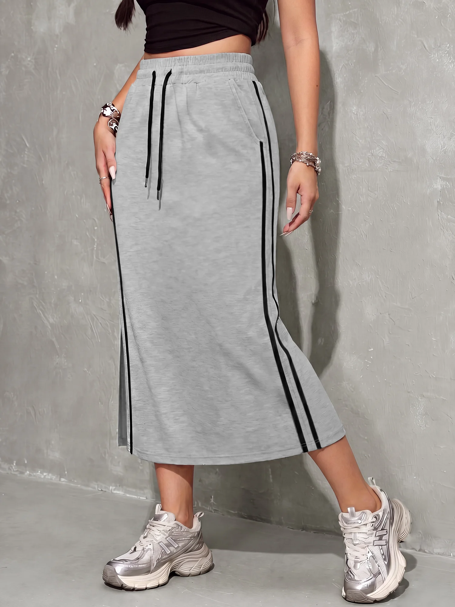 Soft Daily Korean Midi Skirt Gray Striped Side Slit Sweat Fabric Straight Long Skirt Elastic Waist Pocket Elegant Bottom