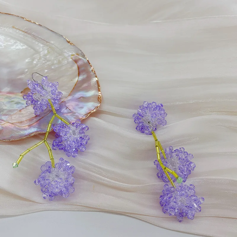 Romantic Purple Crystal Flower Exquisite Long Drop Earrings Women Wedding Jewelry Girl Elegant Party Earrings