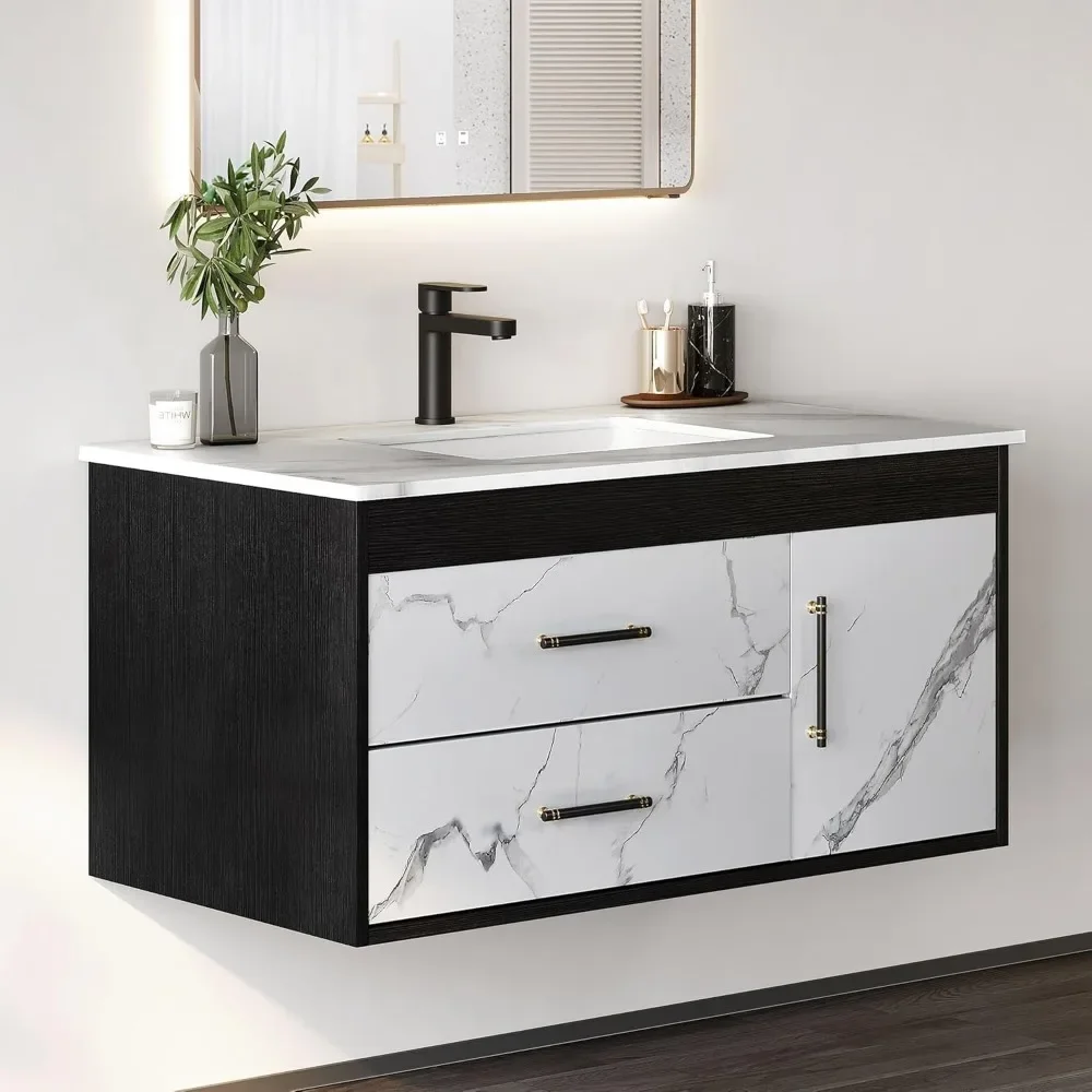 

36 Inch Floating Bathroom Vanity with Sink, Wall Mounted Bathroom Vanity with Sintered Stone, Bathroom Vanity Sink Set