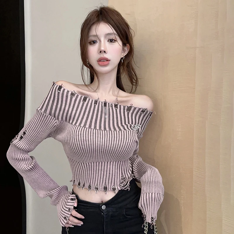 Women\'s Spring Autumn Sweater Off Shoulder Hole  Knitted Long Sleeves Sweater Crop Top Pullover Knitwear