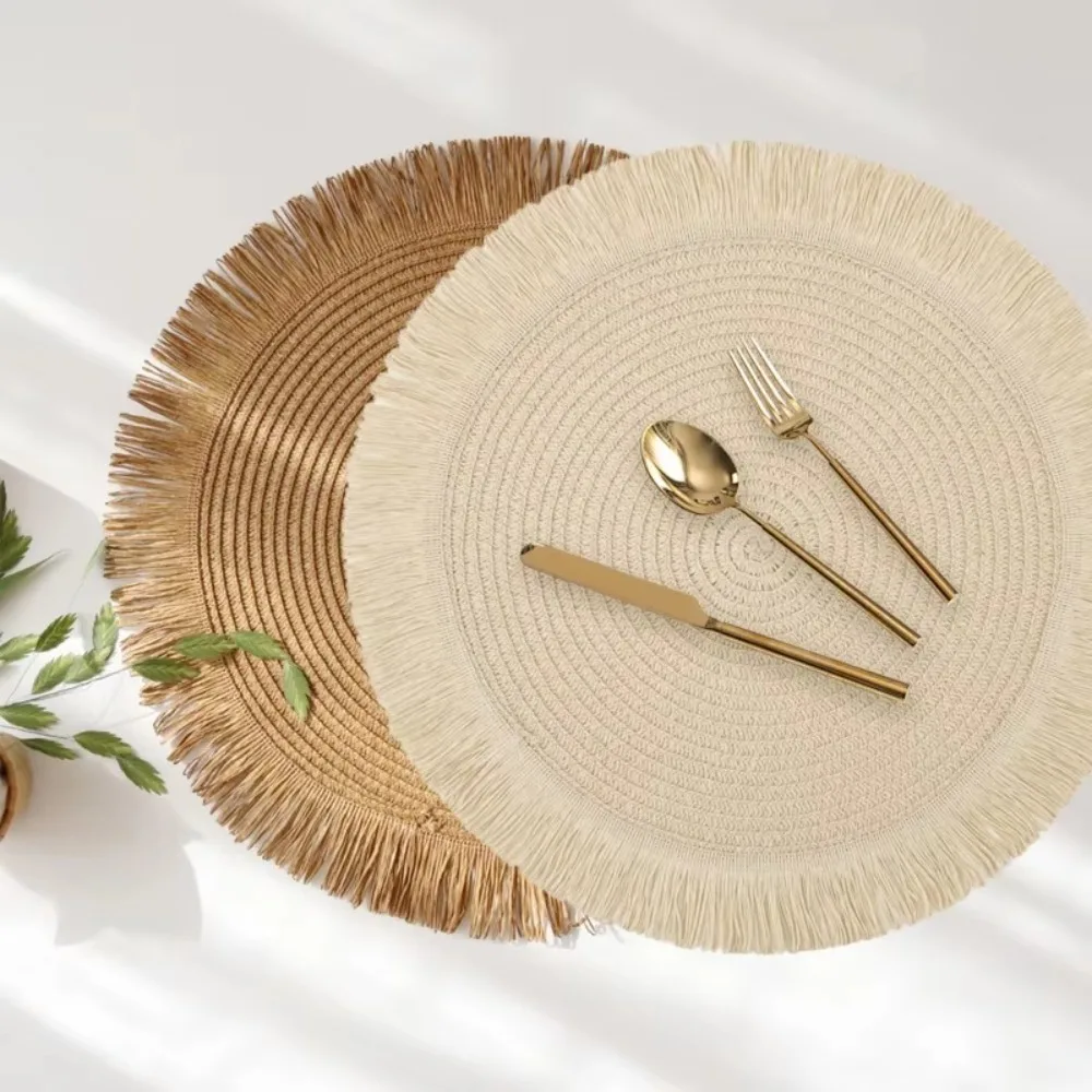 Japan Style Round Braided Placemats Hand Woven Non-slip Insulation Place Mats with Tassels Fringe Paper Table Mats