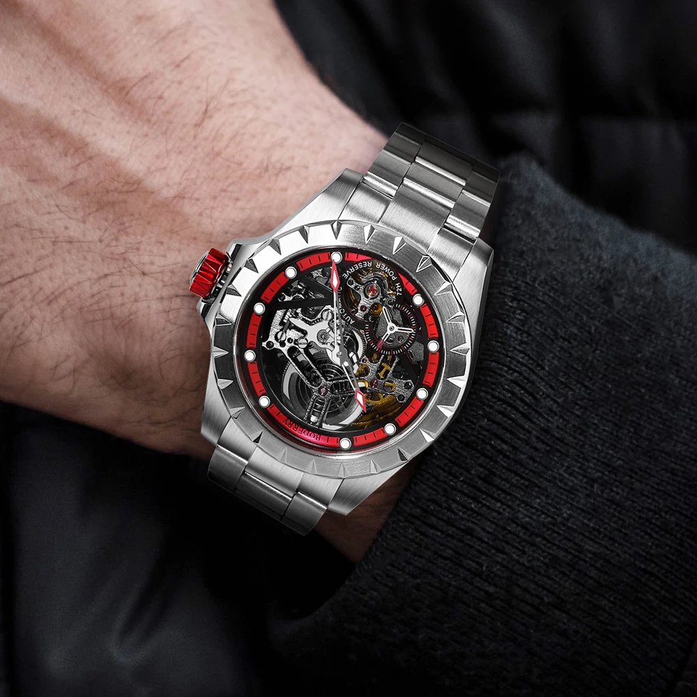 BODERRY Mens นาฬิกาอัตโนมัตินาฬิกาทหารนาฬิกาข้อมือกีฬา 50 M กันน้ํา Sapphire Mirror Skeleton Dial Luminous