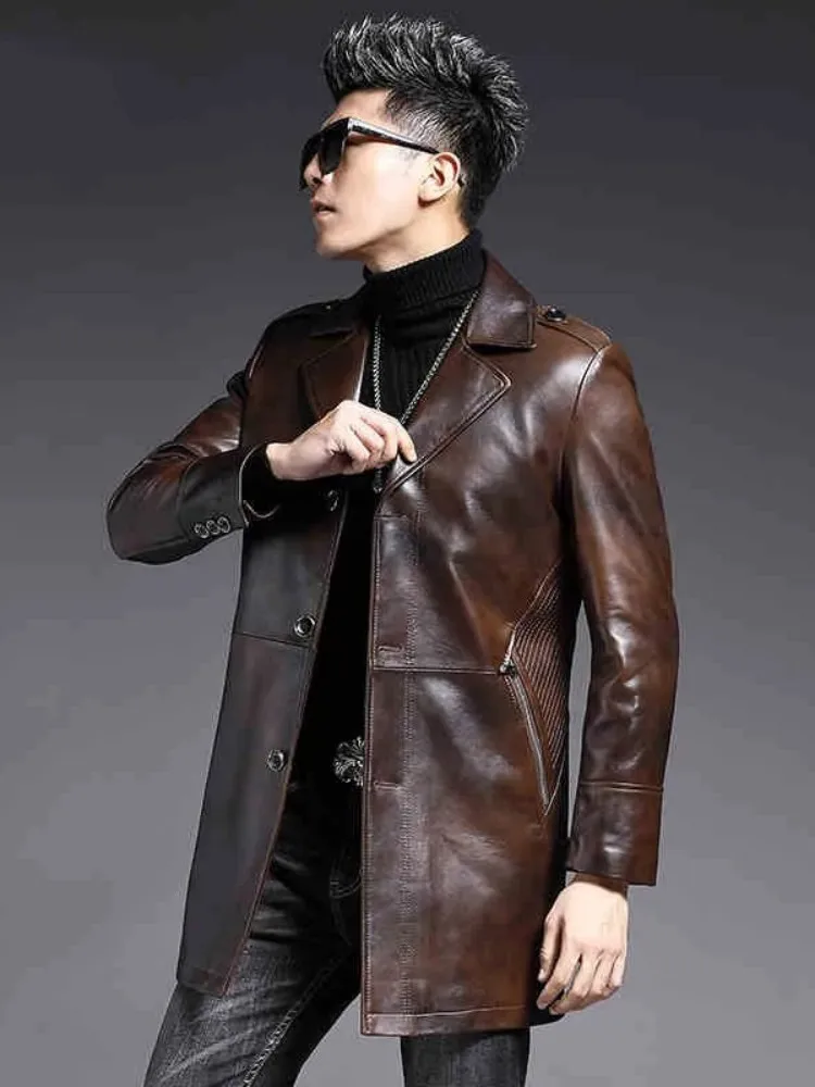 Brand Genuine Leather Medium Long Jacket Men Vintage Lapel Sheepskin Coat Business Slim Fit Single Breasted Casual Windbreakers