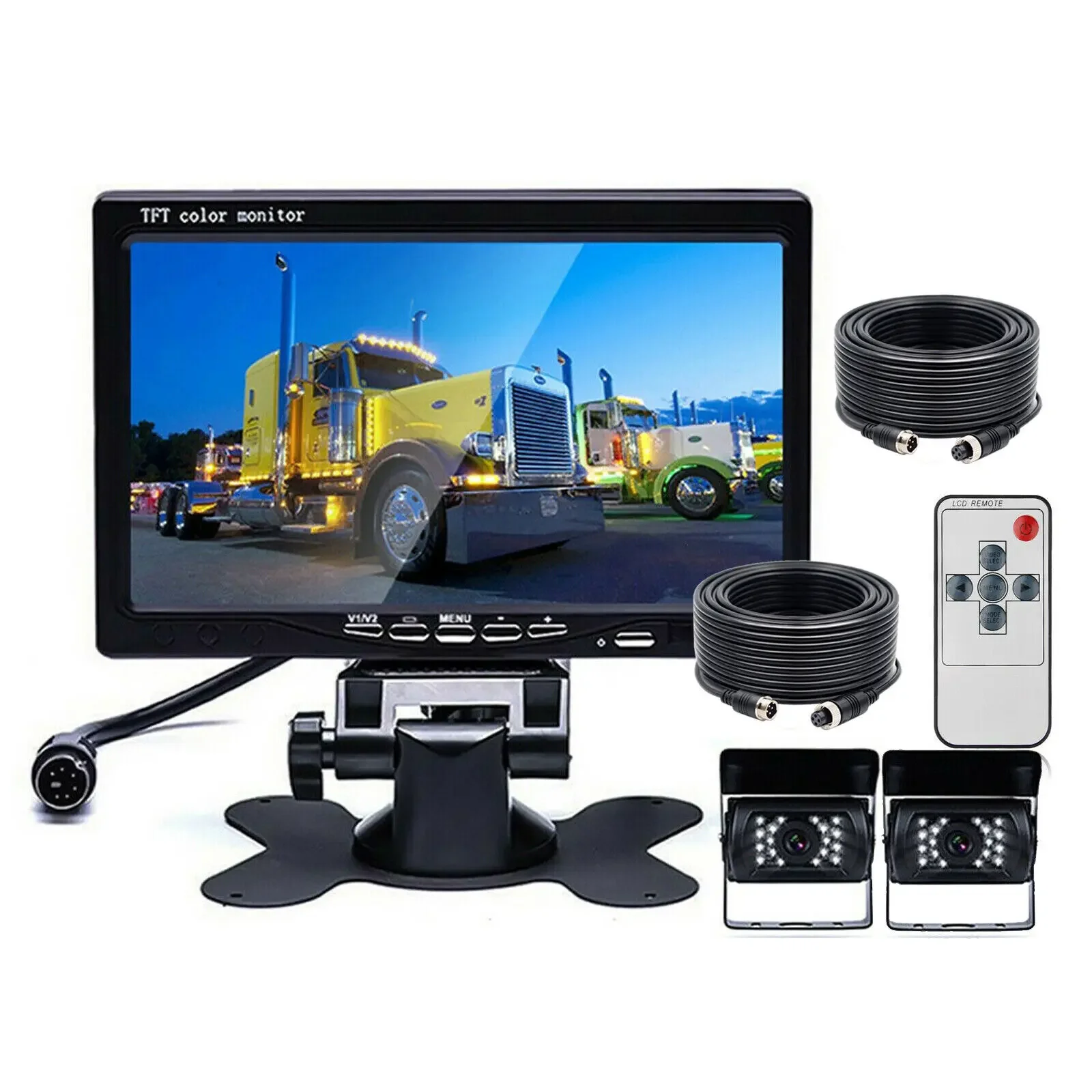 

2x 4PIN Backup Reversing Camera HD 7" Monitor Car Rear View System for Camper RV+10m 4-pin Video Extension Cables