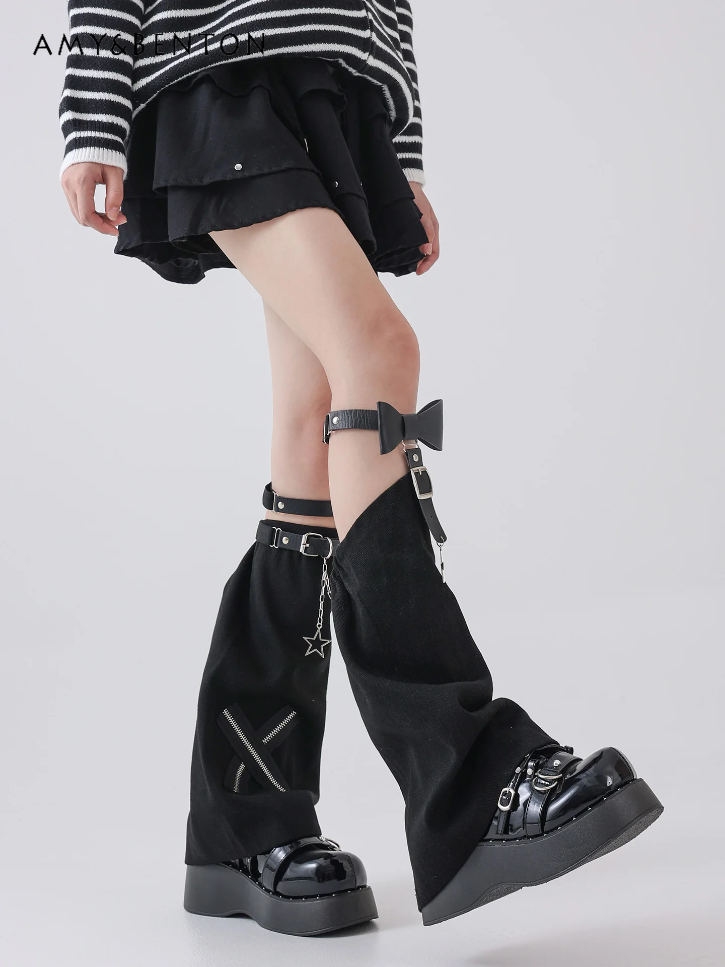 Subculture Black Denim  Thigh High Stockings Harajuku Style Dark Girl Bow Leather Button Spice Girl Trumpet Legwarmers Women
