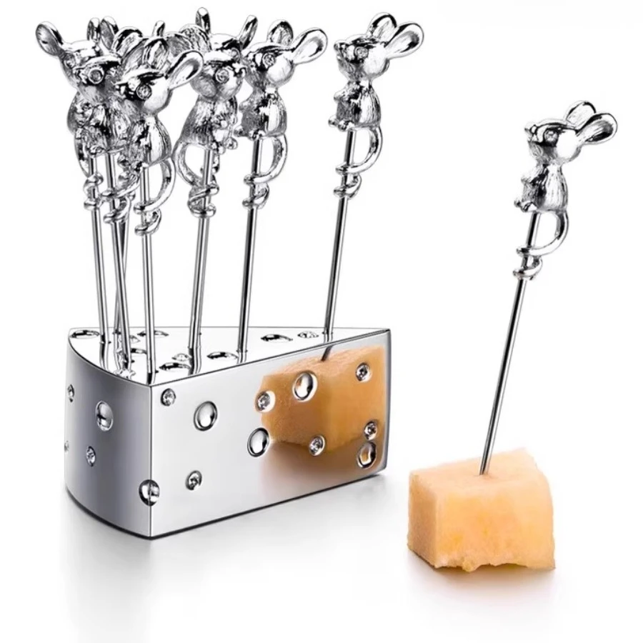 

Creative Mice Toothpicks Stainless Steel Fruit Forks with Cheese Holder Fruit Toothpick Set Martini Picks Table Home Decoration