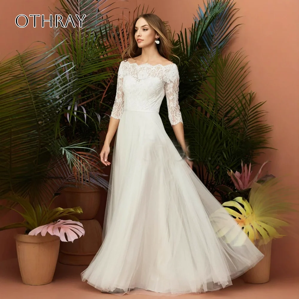 Off Shoulder A-line Bridal Wedding Gown Lace Half Sleeves Tulle Sweep Train Customized свадебное платье