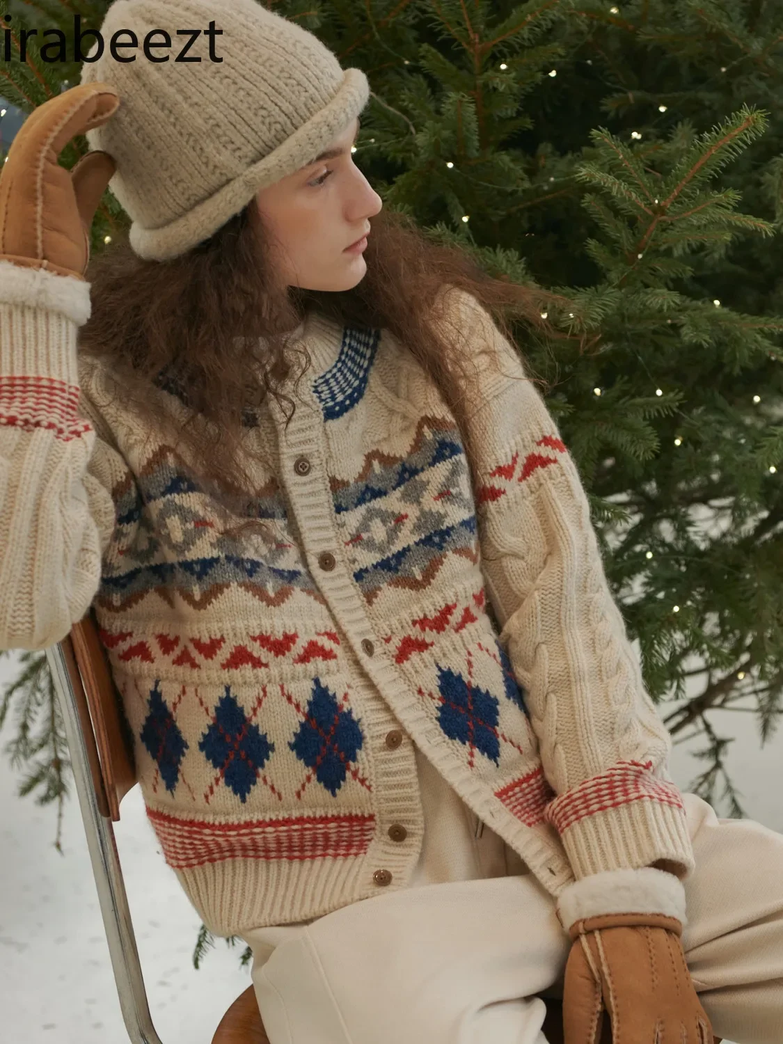 

Vintage Christmas New Year's Nordic Vibe Thick Stick Knitted Twisted Floral Contrast Color Coat Loose Crewneck Sweater Cardigan