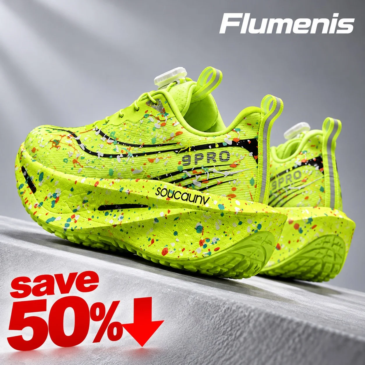 Men's and women's running shoes, rotating buckle, thick pad sole, breathable mesh, graffiti print, anti slip sports shoes