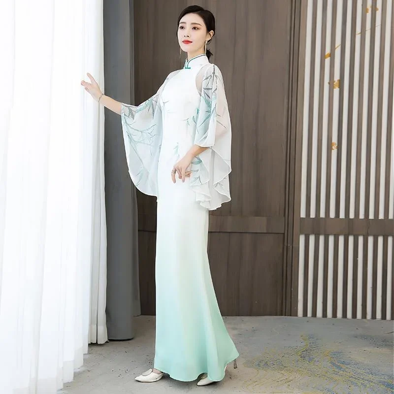 Spring China Dress Banquet Clothing Traditional Elegant Women Green Chinese Style Cheongsam Ao Dai Vintage Hanfu Slim Long Qipao