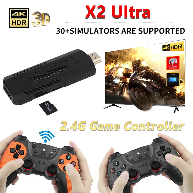 X2 Ultra Video Game Console 4K Game Stick HD Retro Video Game Console Wireless Controller TV 30+Emulator For PS1 or Only GamePad