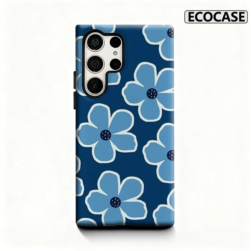 Moderne blaue Blumenmuster-Handyhülle für Samsung Galaxy S25 Ultra S24 S23 Ultra Plus, glänzende doppellagige Rückseite