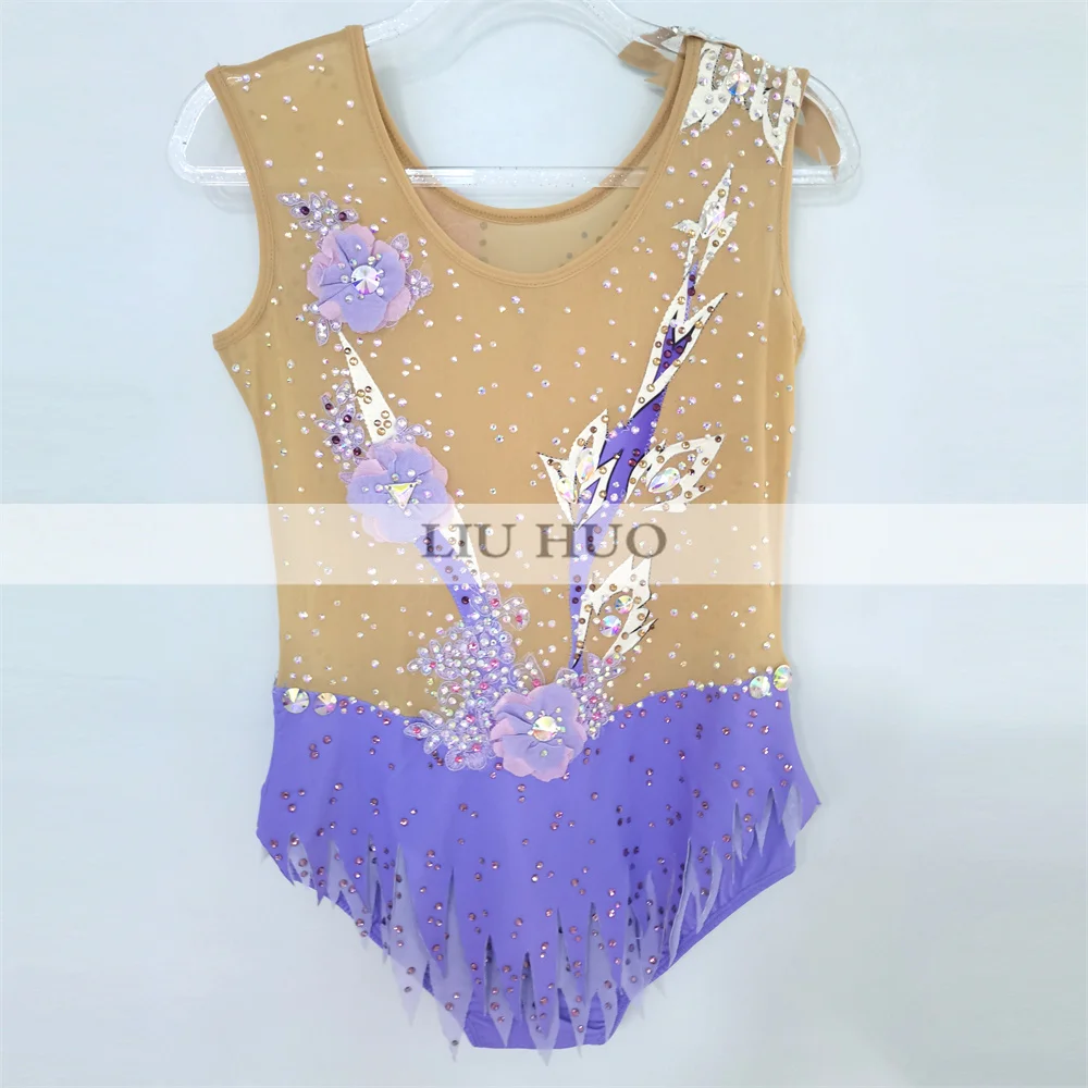 LIUHUO Rhythmic Gymnastics Leotard Aerobics Adult Women Girl Costume Performance Competition Dance Dress Purple Teens Kids