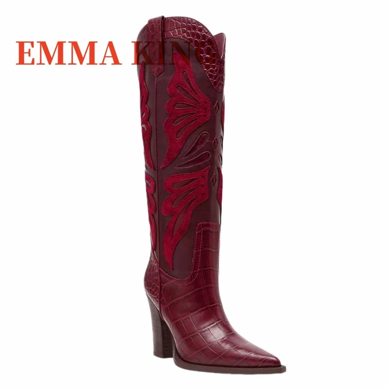 النبيذ الأحمر التمساح حذاء برقبة للركبة النساء موضة أشار تو حذاء بكعب سميك أحذية السيدات أنيق فستان الحفلات المرقعة الأحذية