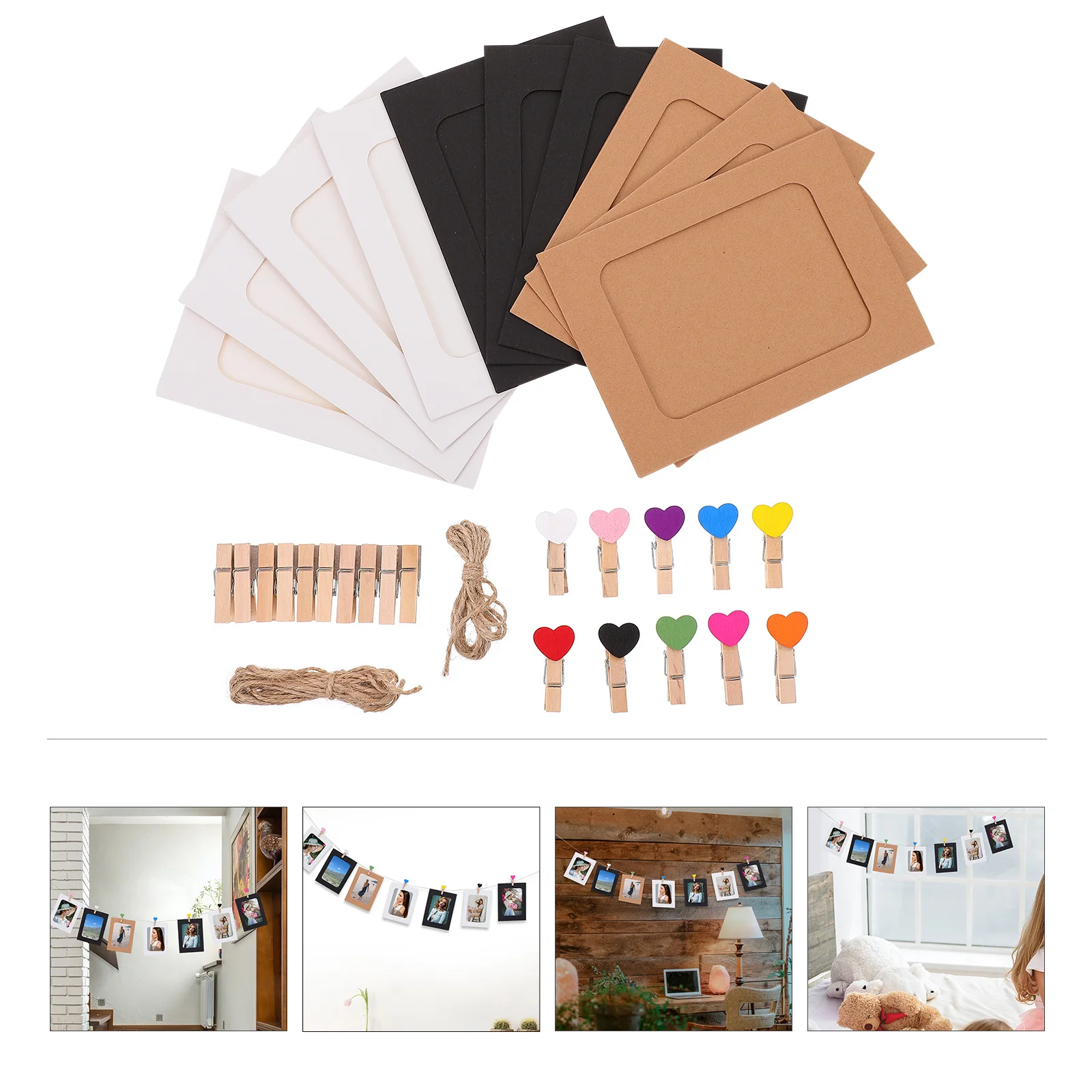 

1 Set Diy Wall Photo Garland Hanging Frame With Wood Clips Rope For 6 Inch Photos Paper Photo Banner Wall Hanging Decoration