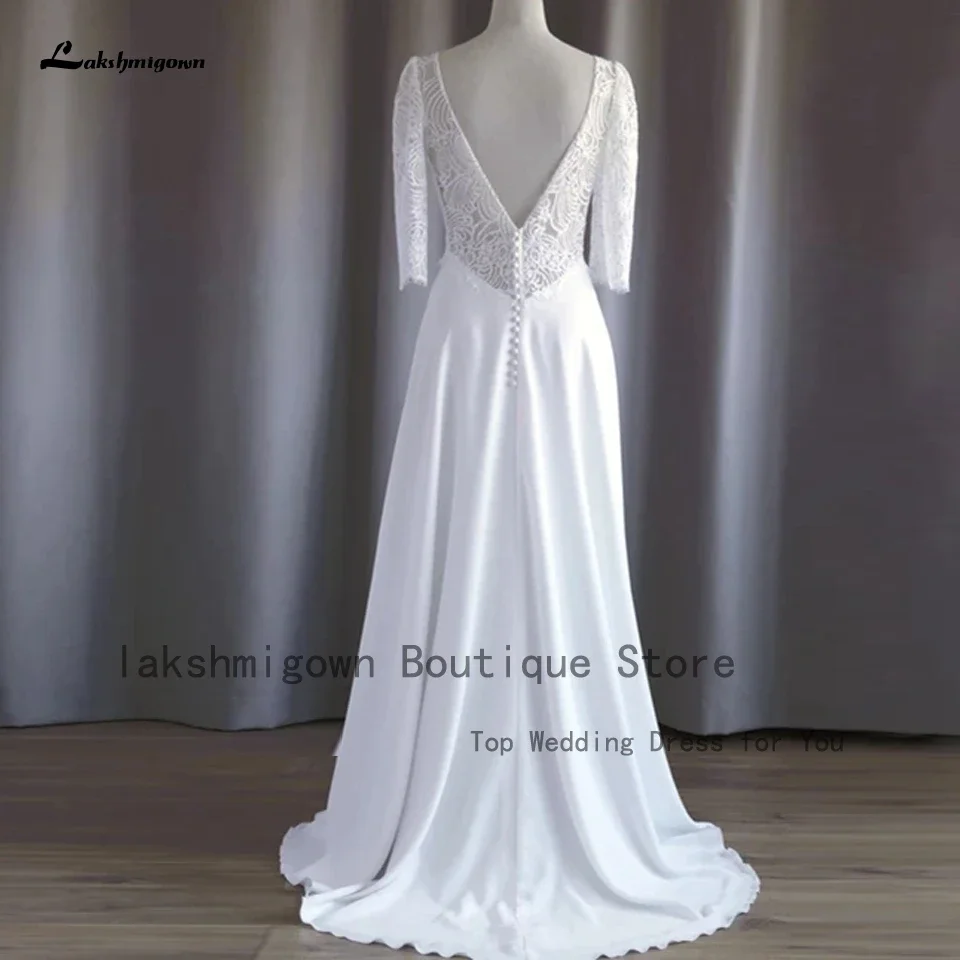 Lakshmigown Elegant Bridal A Line Chiffon Wedding Dress 3/4 Lace Sleeves 2025 V Neck Sexy Women Receipt Dinner Party Gowns