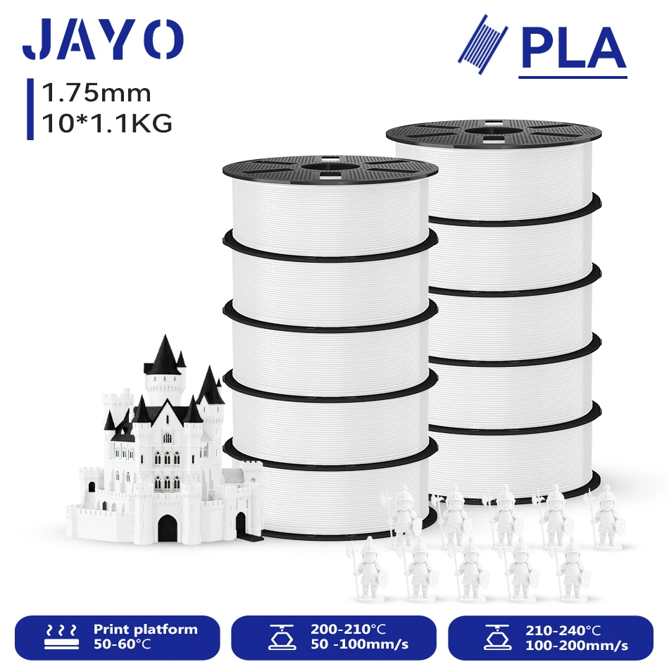 JAYO 10 Rollen 3D PLA Druckerfilament 1,75mm, ungiftig & blasenfrei, PLA-Kunststoff als 3D-Druckfilament für 99% der 3D-FDM-Drucker & -Stifte, 1,1KG/Rolle