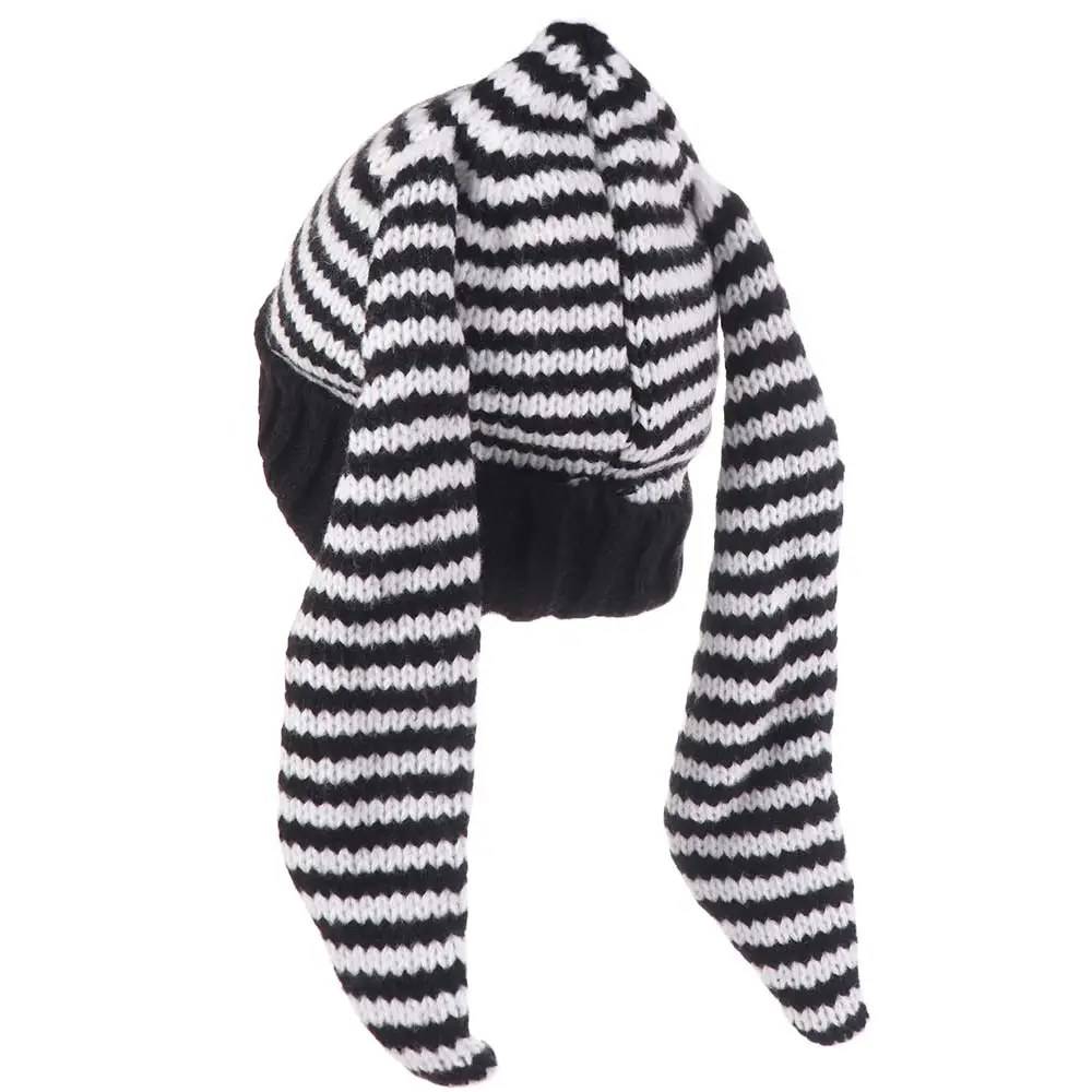 Cute Y2K Rabbit Ears Hat Knitted Harajuku Women Beanie Hat Keep Warm Bunny Long Ears Stripe Skull Cap Outdoor