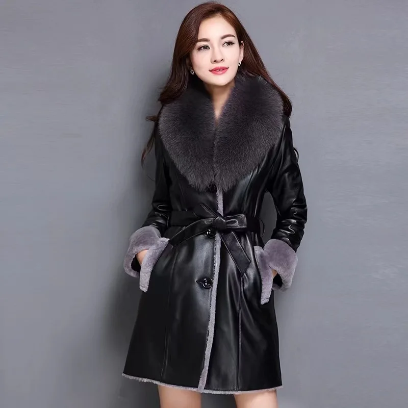 High Quality Winter Warm Leather Women Fleece Long Coat Women's Clothing
