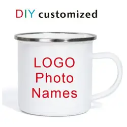 Enamel Mug 350ML Customized LOGO Photo Text Customized Sublimation Print Silver Black Blue Rim Colors Steel Coffee Cup Outdoor