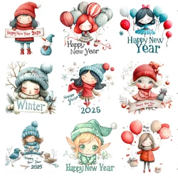 22cm Cartoon Winter Happy New Year 2025 Hot Transfer Printing Girl Stickers Cute Clothing Vinyl Printing Ironing Patch Stickers
