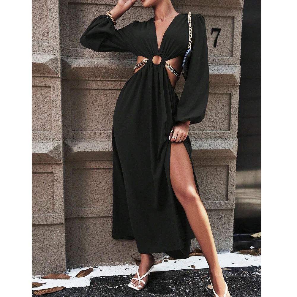 Women's Sexy Solid Color Long Sleeve Deep V-Neck Maxi Party Dress Autumn 2025 Waist Cutout Chain Detail High Slit