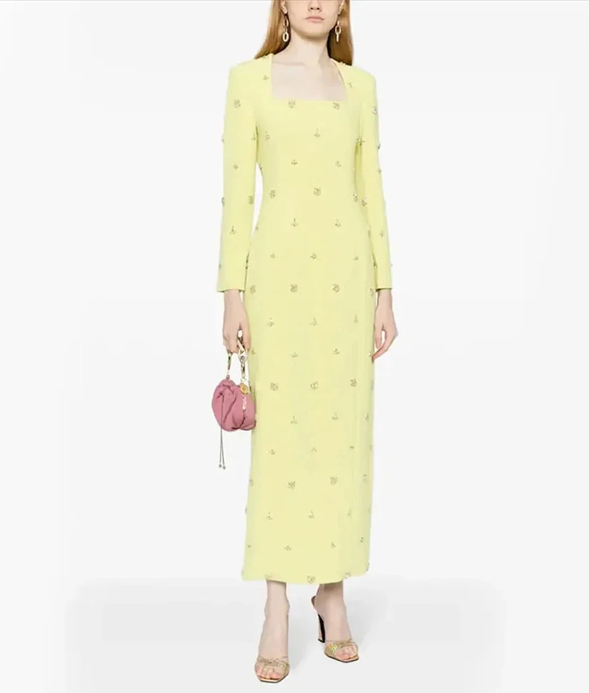 

MCDV Customized Graceful Jersey Straight Crystal Evening Dress High Quality Square Neck Long Sleeves Ankle Length Prom Gowns