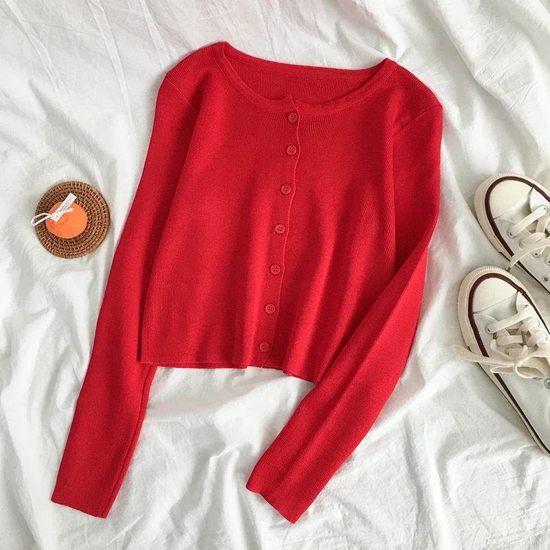 Spring Autumn Knitted Cardigans Women Long Sleeve Buttons Front Vintage Cardgian Top Classic Style Simple Soild Color Chic