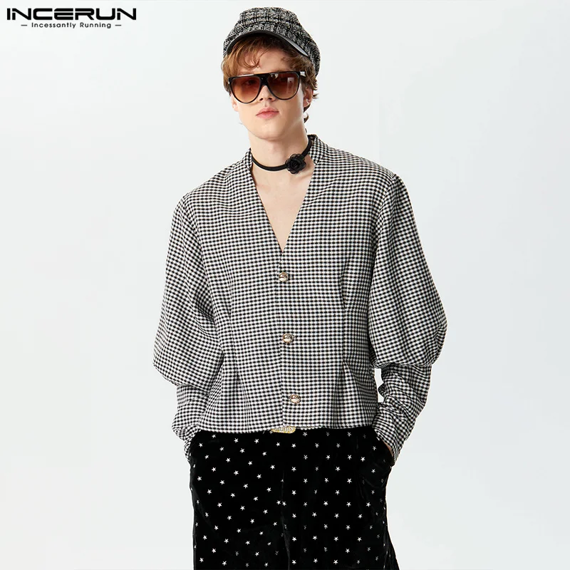 

INCERUN Tops 2024 American Style Handsome Men's Bishop Sleeve V-neck Plaid Shirts Casual Stylish Male Long Sleeved Blouse S-5XL