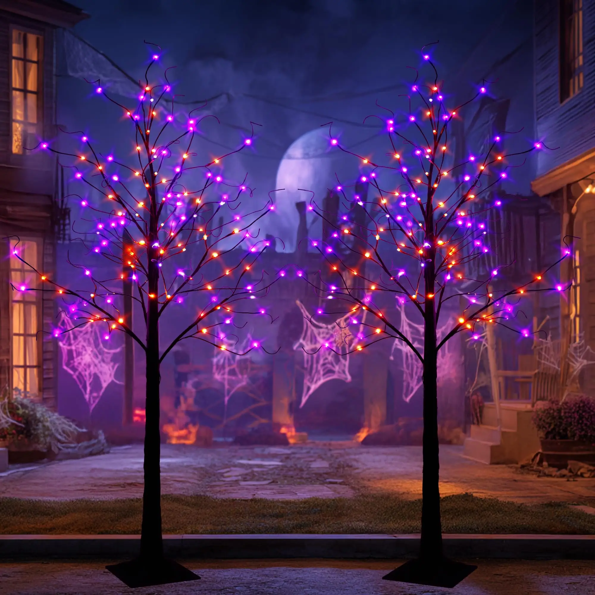 2 Pack 6FT Halloween Lighted Black Birch Tree, Total 288 LED Purple and Orange Lights Artificial Spooky Tree with Timer