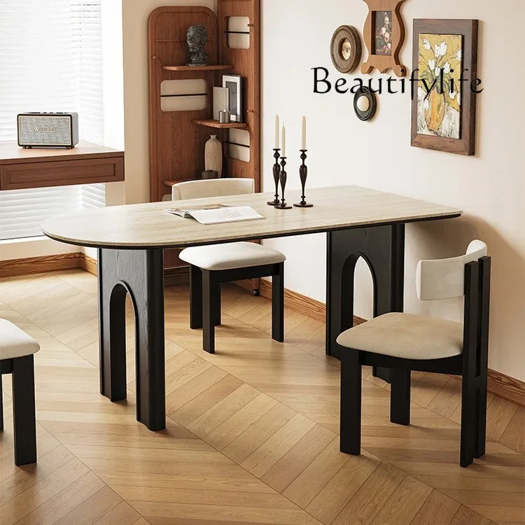 X36 French Retro Medieval Rock Slab Household Small Apartment Dining Table Solid Wood Semi-round Island Against The Wall