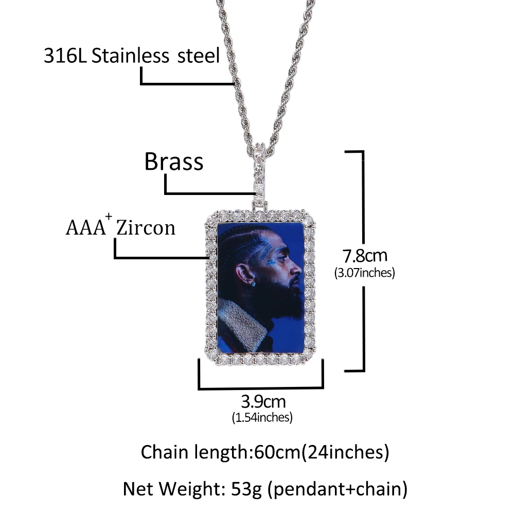 Uwin Rectangle Shape Photo Pendant Iced Out AAA Cubic Zirconia Square Memorable Custom Picture Necklace For Gift