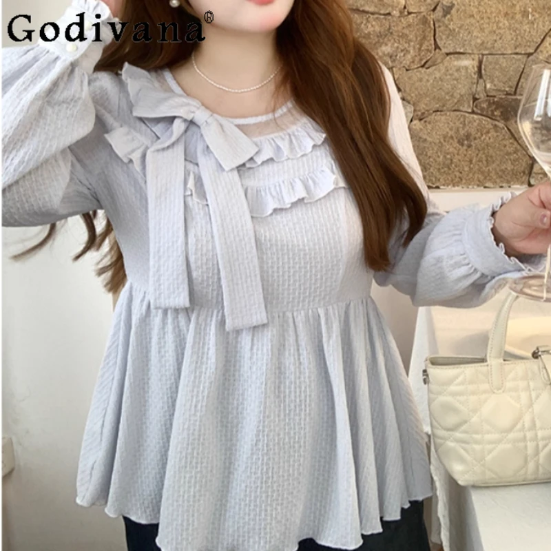 

Large Size New Early Autumn Women French Long Sleeve Light Blue Bow Shirt Fashion Loose Versatile Age-reducing Sweet Ruffles Top