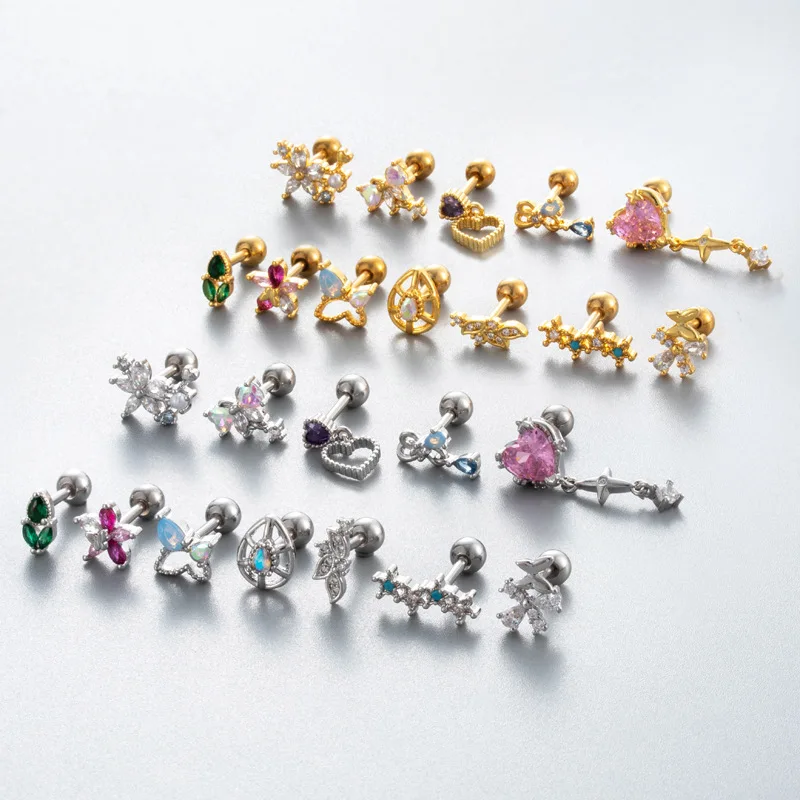 1PC Colorful Cubic Zirconia Flower Bowknot Helix Stud Earrings Screw Back Stainless Steel Ear Cartilage Earring Piercing Jewelry